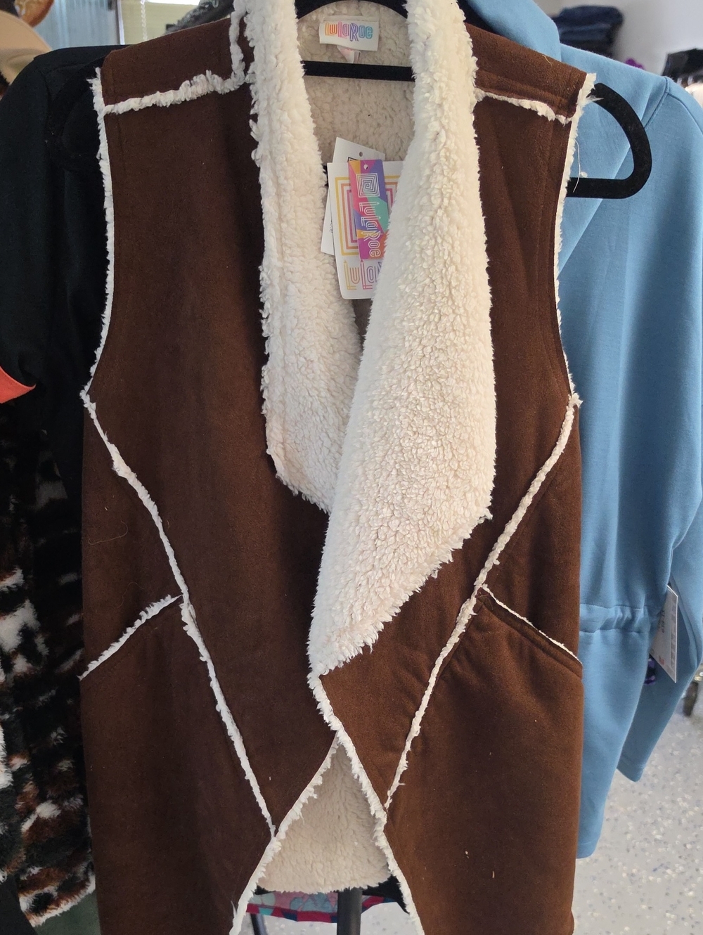 LuLaRoe Brown Faux-Suede Shearling Vest with Cream Lining